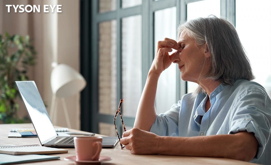 A person having eye strain after looking at a computer screen and how after glaucoma surgery it could lead to further vision loss