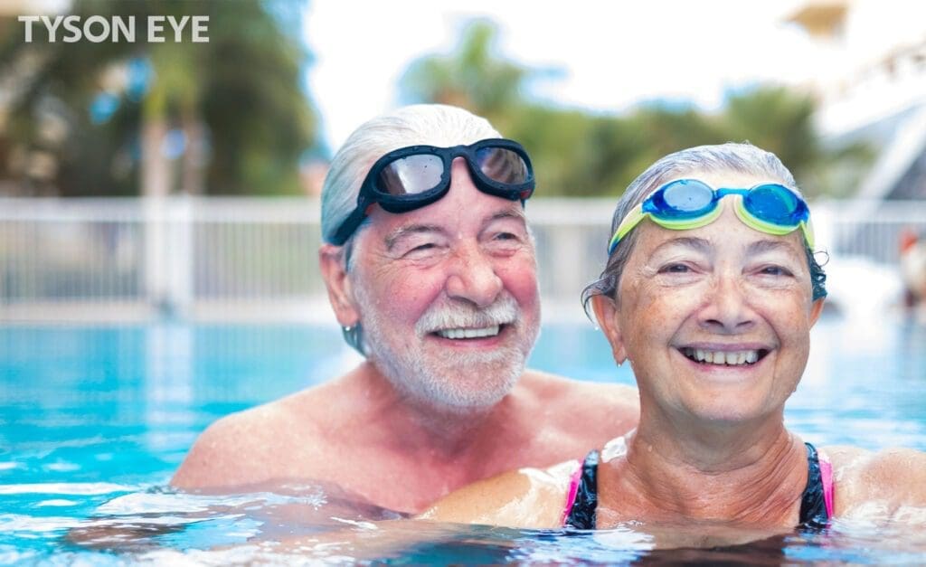 Two people swimming with goggles while protecting their eyes against the summer heat